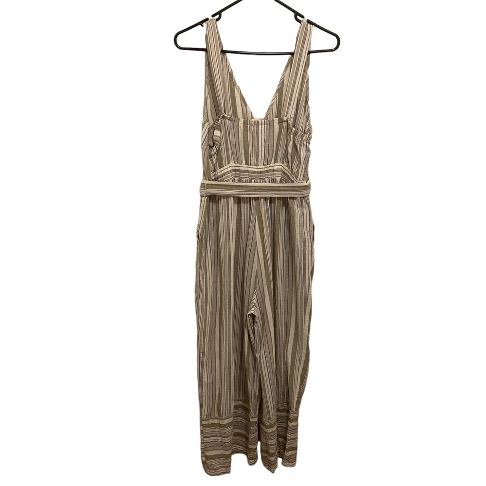 ALTAR'D STATE Linen Blend Neutral V-Neck Pocket Belted Midi-Jumpsuit Size L - Picture 5 of 9